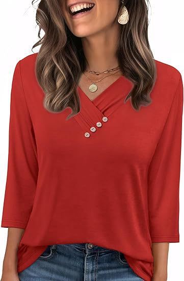 European And American New Autumn Women's Clothing Button V-neck Fashion Casual Sleeve T-shirt