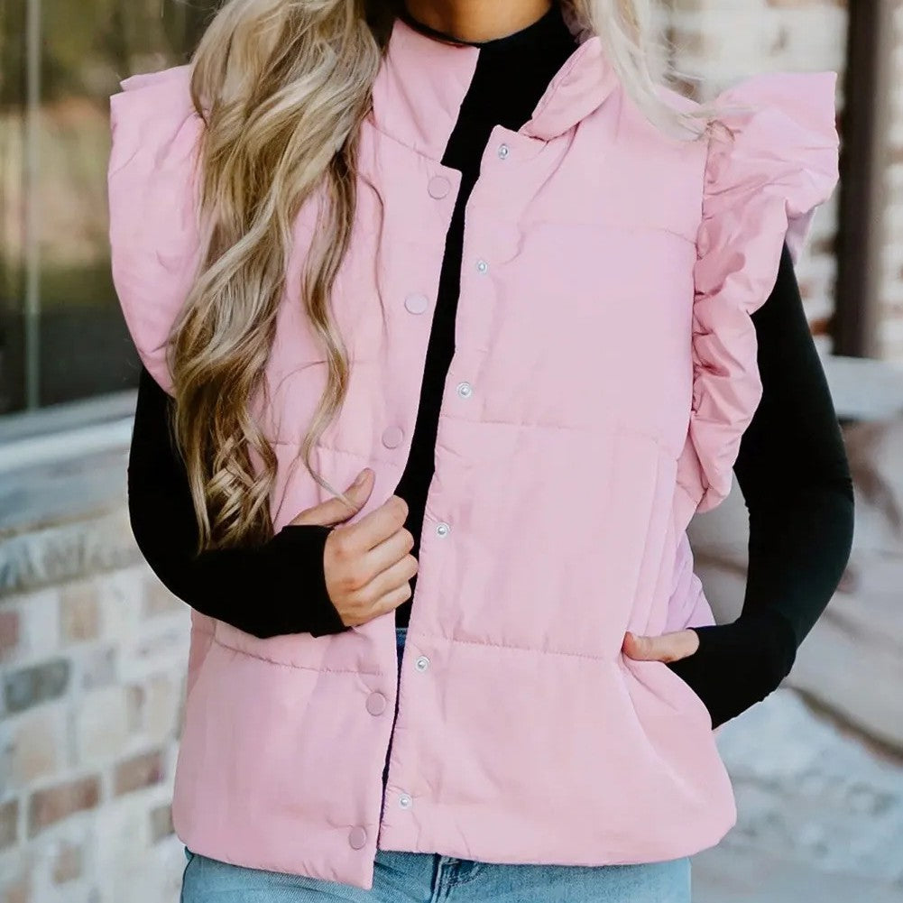 Stand Neck Flutter Sleeve Snap Button Puffer Vest