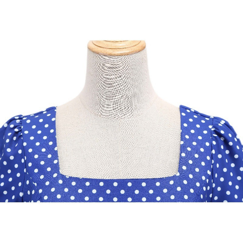 Square Collar Polka-dot Slim-fit Large Swing Dress