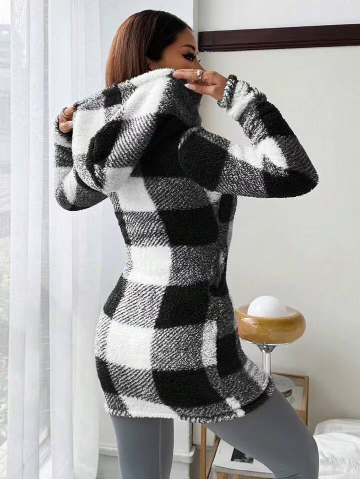 Women's Casual Plaid Printed Double-sided Plush Hooded Zipper Jacket