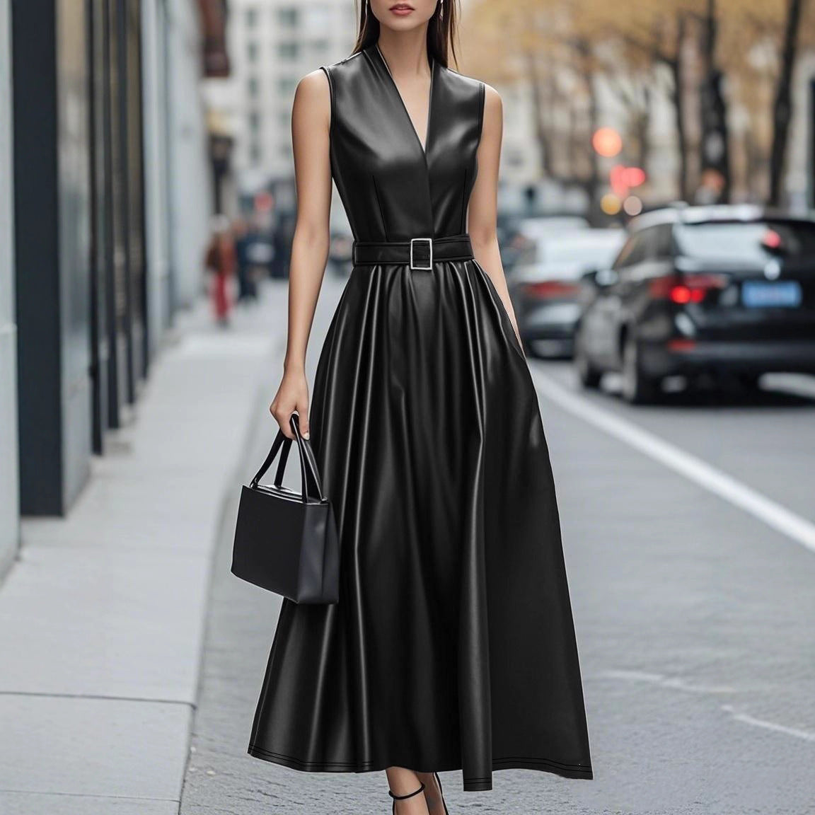 Fashionable Temperamental All-match Round Neck Sleeveless Belt Long Dress