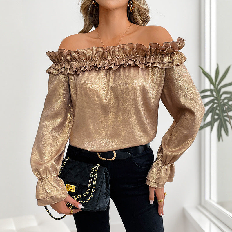 Off-shoulder Long Sleeve Golden Shirt For Women Autumn