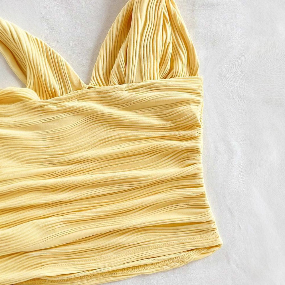 European And American V-neck Pleated Small Sling Slimming