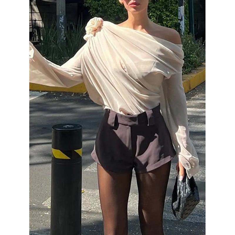 Women's Off Shoulder Tops Elegant Long Sleeve Asymmetrical Neck Ruched Chiffon Blouse Shirts Going Out Top Y2k Shirts