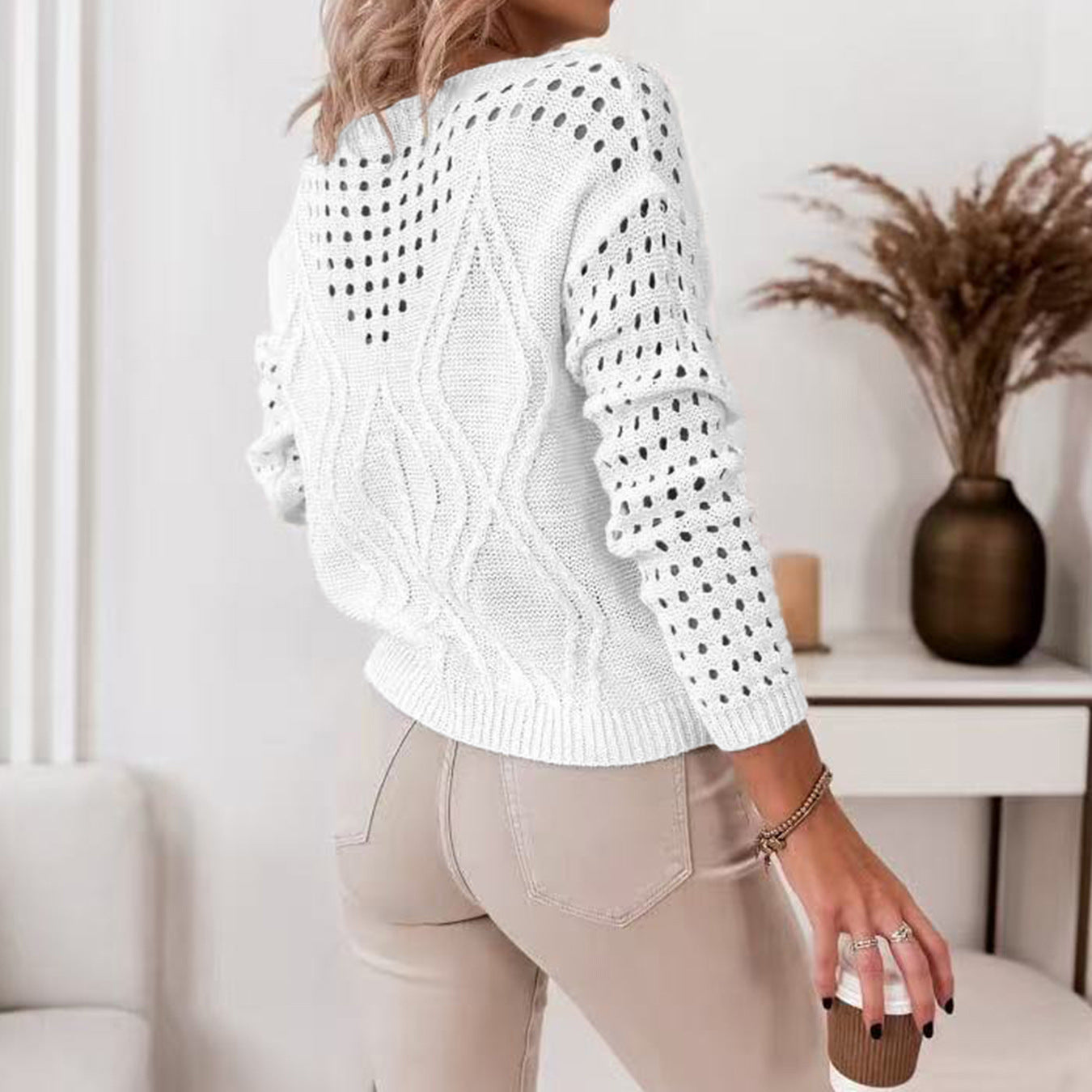 Off-neck Pullover Long Sleeve Hollow Out Sweater Women