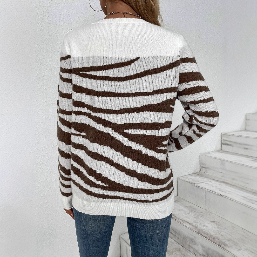 Zebra Print Round Neck Shoulder Button Long Sleeve Sweater