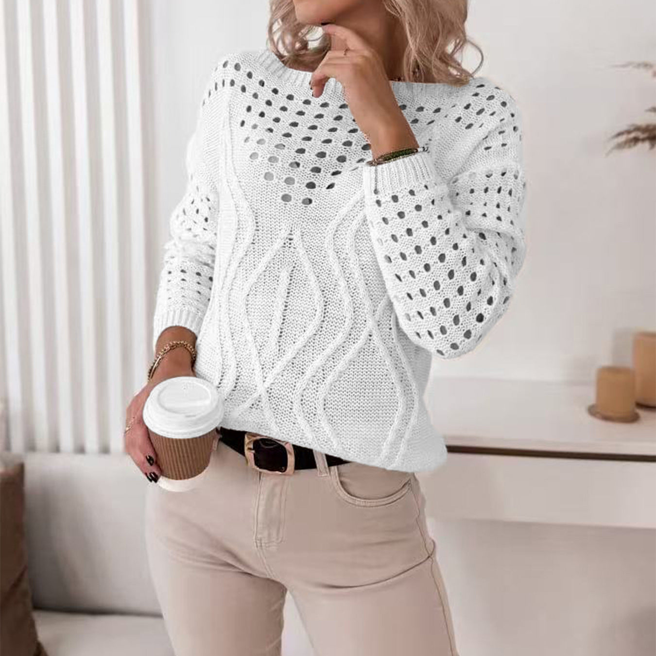 Off-neck Pullover Long Sleeve Hollow Out Sweater Women