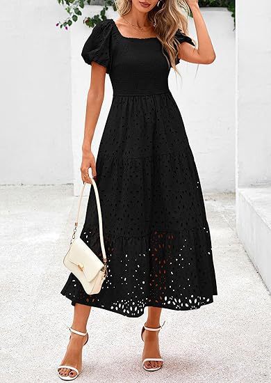 Square Collar Puff Sleeve Pleating Mesh Short Sleeve Dress