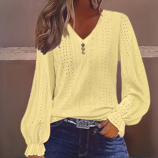 Plus Size Women's V-Neck Solid Top With Button Lantern Sleeves Hollow Out Detail Blouse For Spring&Fall