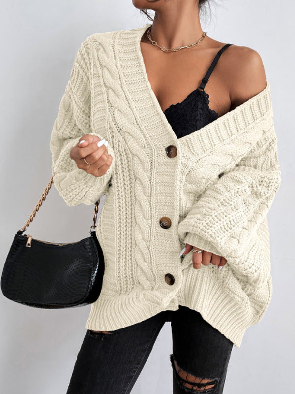 Loose Twist Lantern Sleeve Cardigan Knitted Coat
