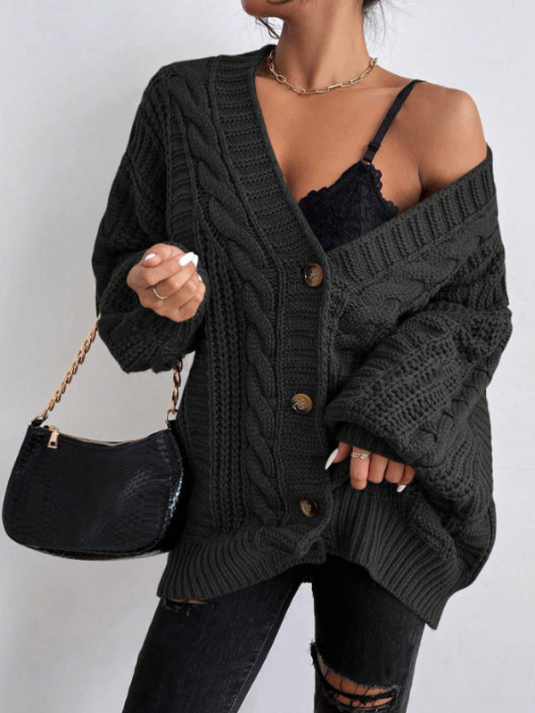 Loose Twist Lantern Sleeve Cardigan Knitted Coat