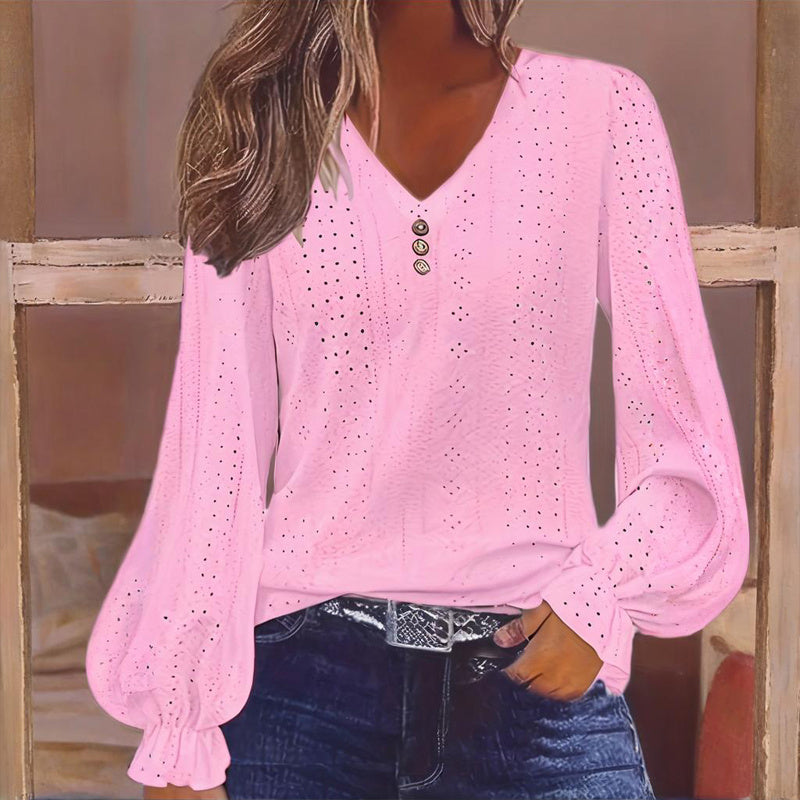 Plus Size Women's V-Neck Solid Top With Button Lantern Sleeves Hollow Out Detail Blouse For Spring&Fall