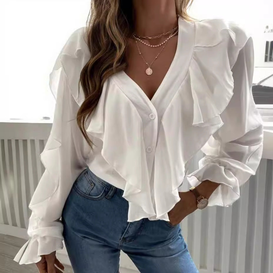 Women's SpringSummer V-neck Flounce Top
