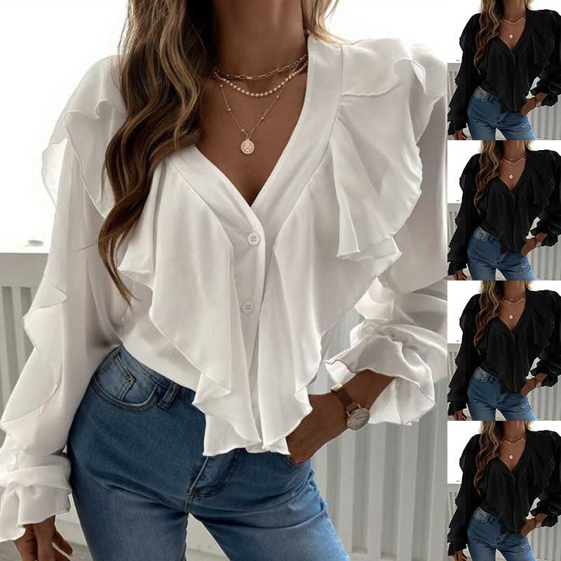 Women's SpringSummer V-neck Flounce Top