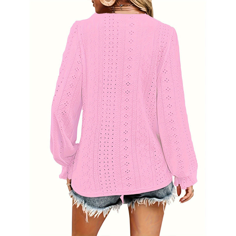 Plus Size Women's V-Neck Solid Top With Button Lantern Sleeves Hollow Out Detail Blouse For Spring&Fall