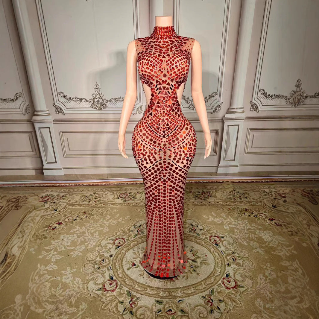 Luxury Mirror Sequins Sheath Halter Trailing Dress