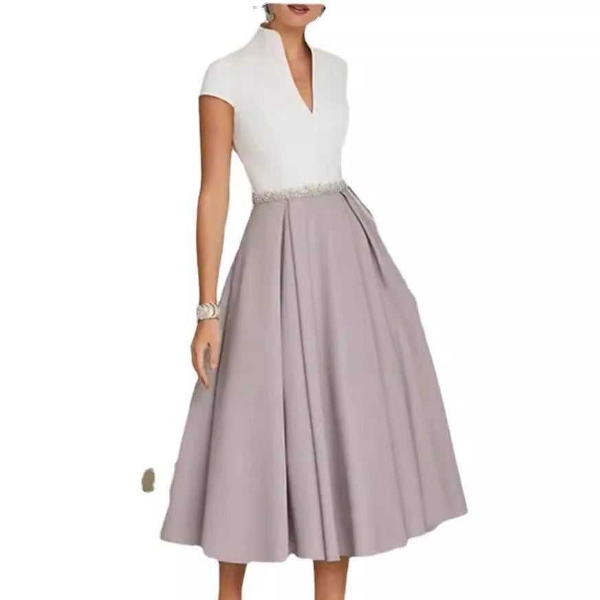 Women's A- Line White Color-block V Neck Large Swing Dress