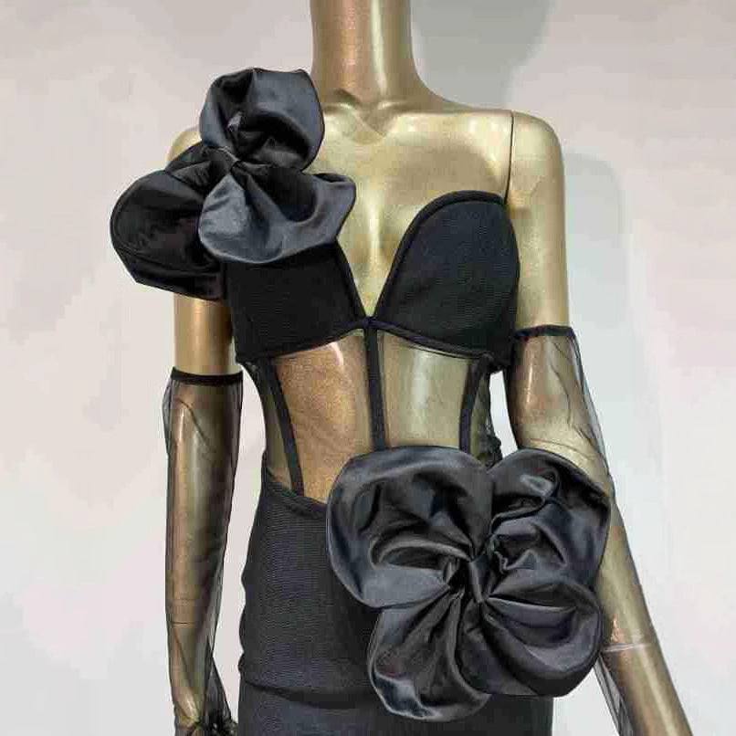 Bandage Skirt Gloves Black Banquet Party Formal Dress