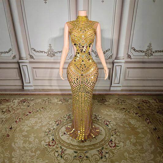 Luxury Mirror Sequins Sheath Halter Trailing Dress