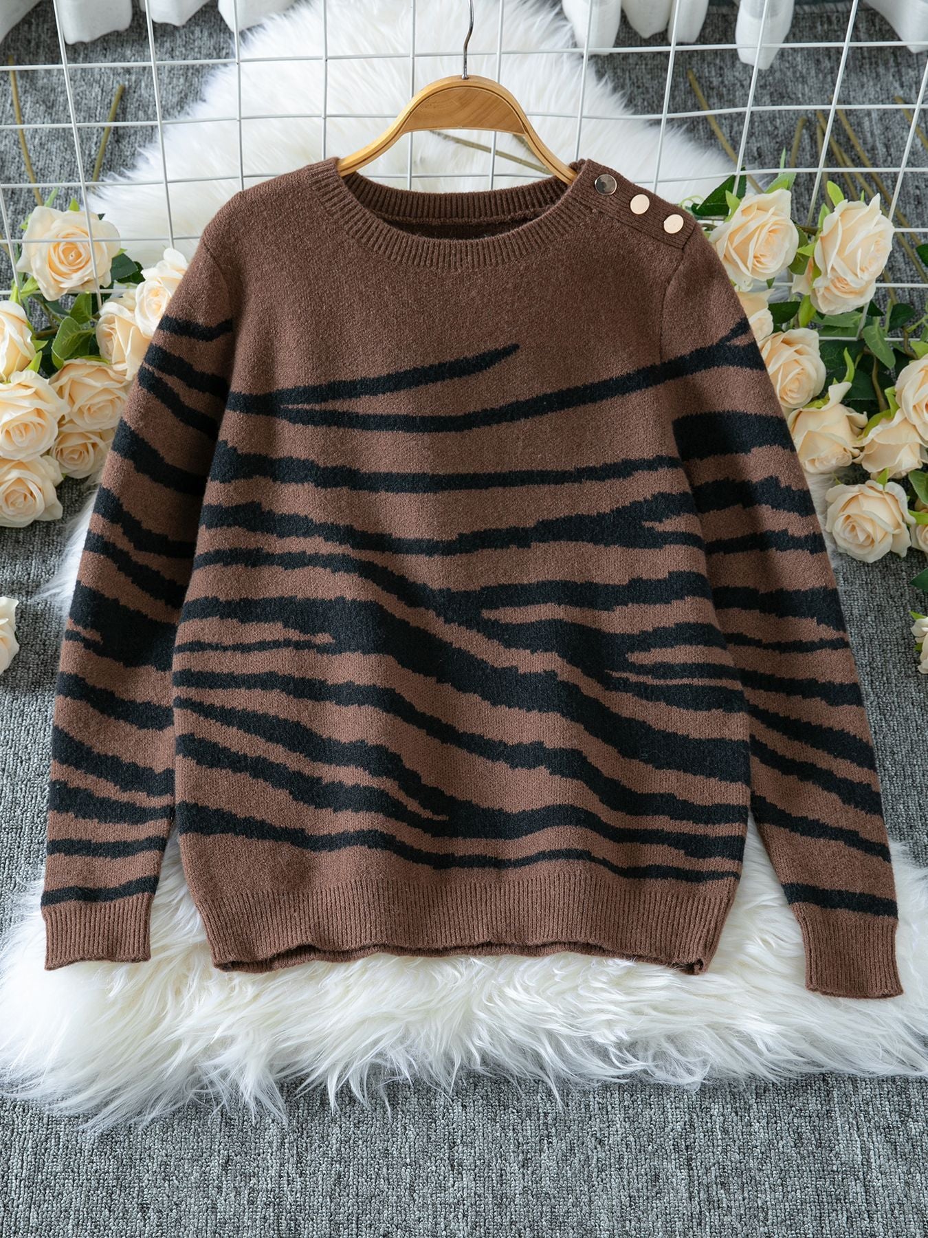 Zebra Print Round Neck Shoulder Button Long Sleeve Sweater
