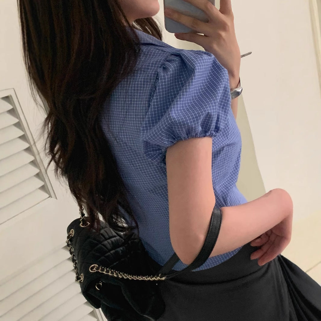 BM Style Plaid Shirt American College Style Small Simple Casual Lapel Short Sleeve