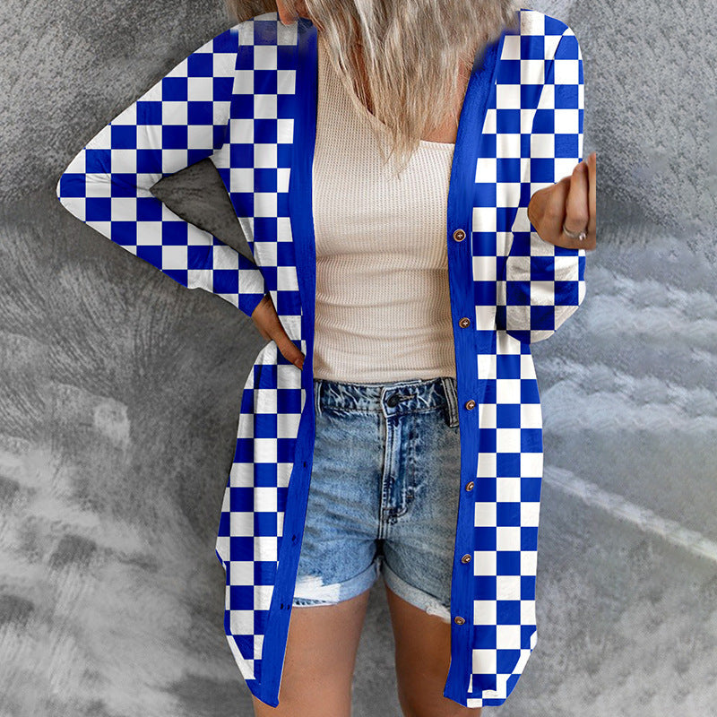 Women's Long Plaid Coat Loose Knitted Cardigan