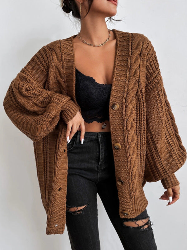 Loose Twist Lantern Sleeve Cardigan Knitted Coat