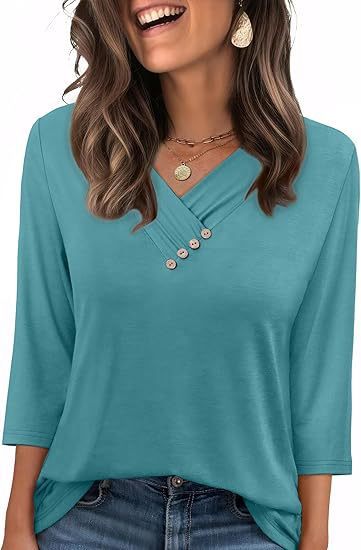 European And American New Autumn Women's Clothing Button V-neck Fashion Casual Sleeve T-shirt