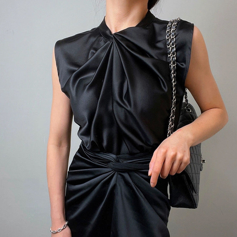 Twist Pleated Single-breasted Sexy All-matching Sleeveless Shirt
