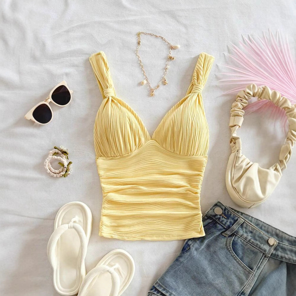 European And American V-neck Pleated Small Sling Slimming