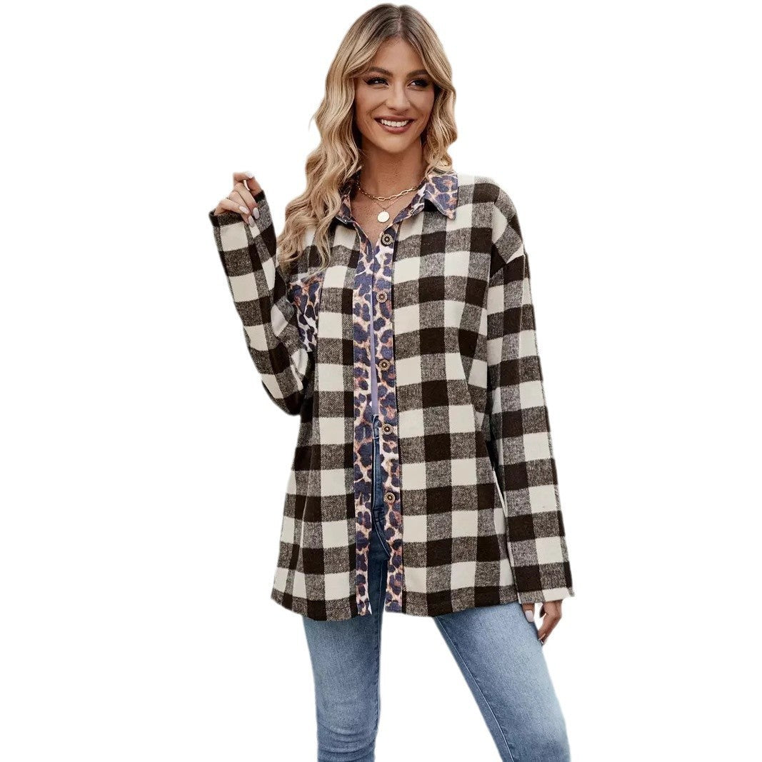 Autumn Houndstooth Leopard Print Contrast Color Plaid Long Sleeve Shirt Women's Clothing