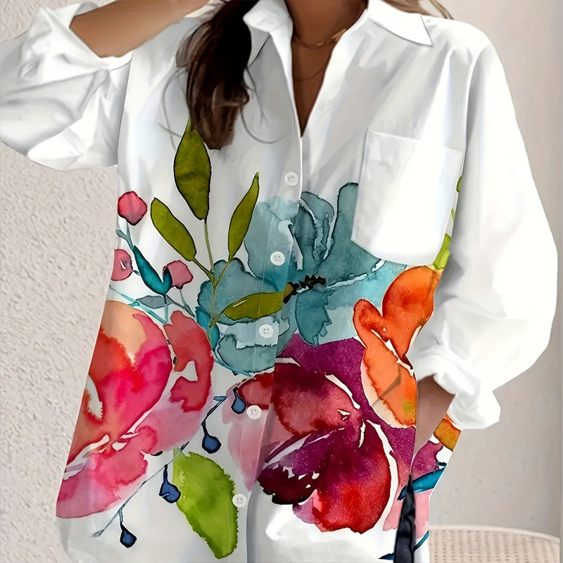 Women's Notch Lapel Long Sleeve Blouse With Colorful Floral Print - Chest Pocket Button-Up Shirt For Spring&Fall