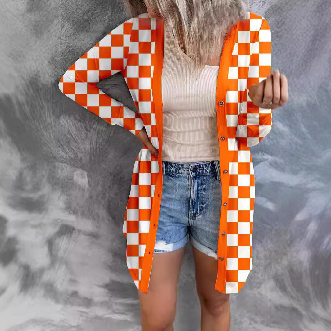 Women's Long Plaid Coat Loose Knitted Cardigan