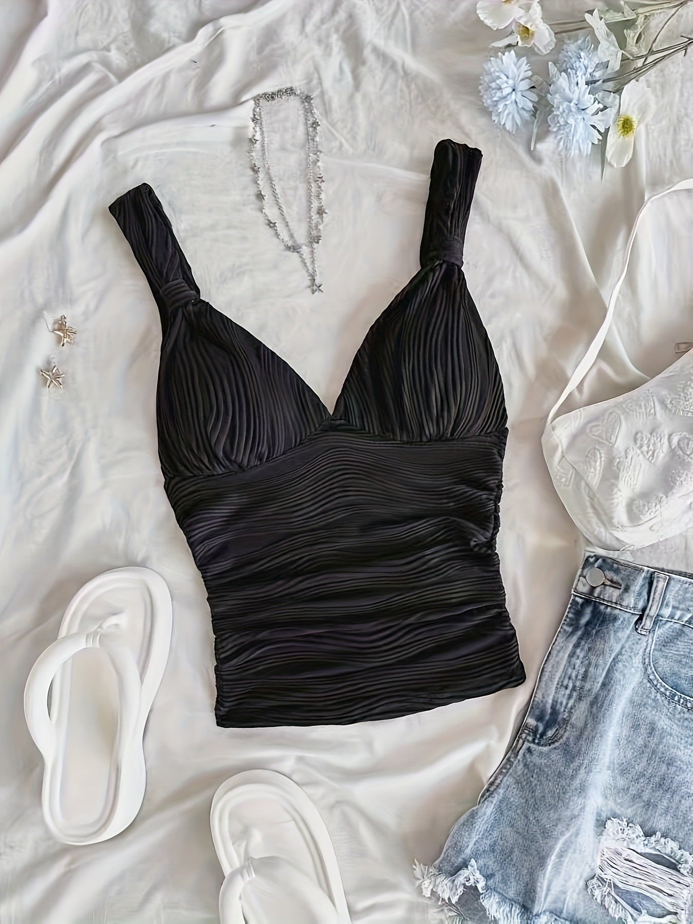 European And American V-neck Pleated Small Sling Slimming