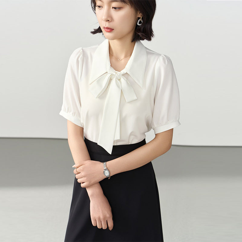 Chiffon Bow Women's Professional Wear Formal White Shirt