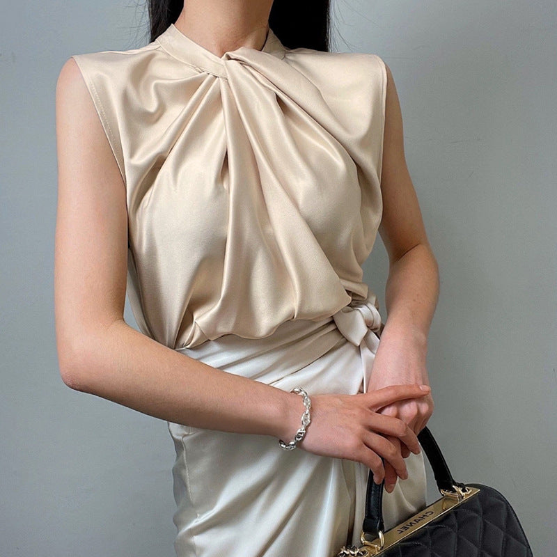Twist Pleated Single-breasted Sexy All-matching Sleeveless Shirt