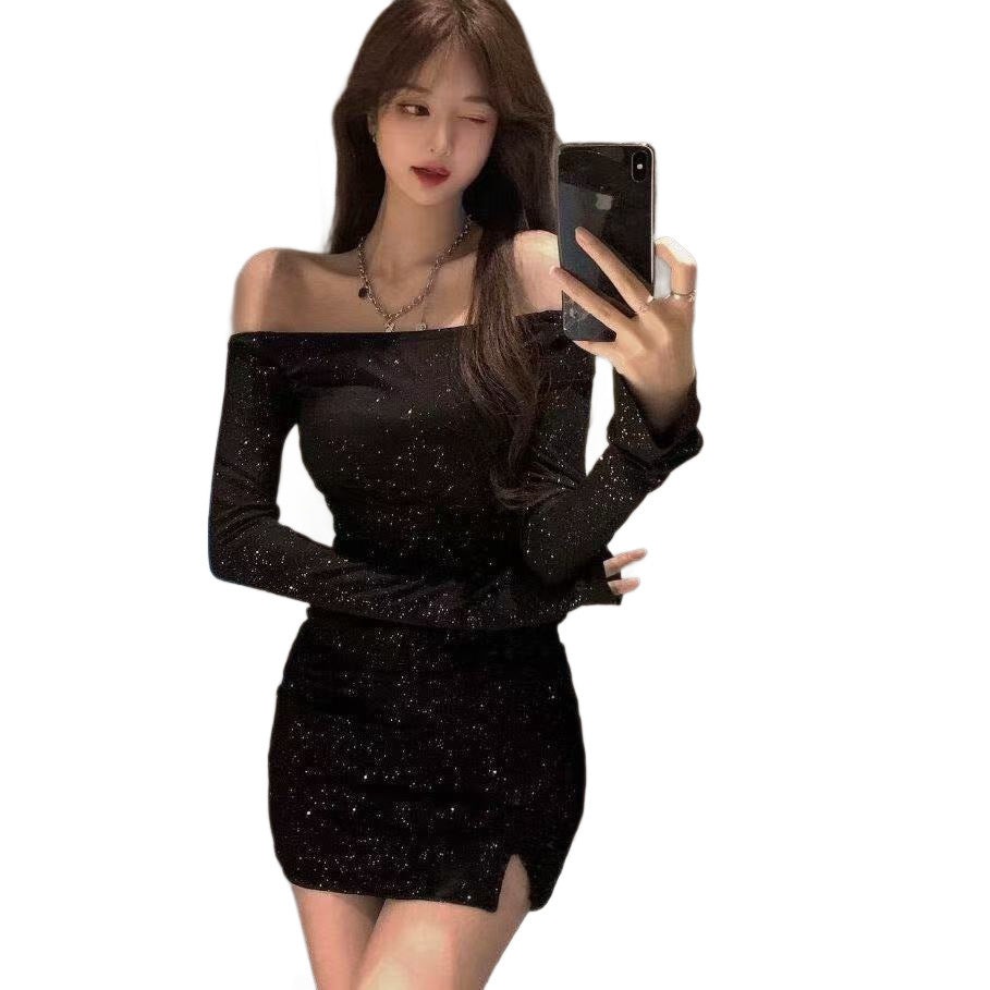 Off-shoulder Dress Women's Slim-fit Sequined Long Sleeve Narrow Short Skirt Sexy