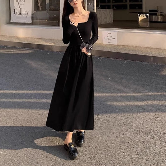 Square Collar Knitted Dress Women's Waist A- Line Long Skirt