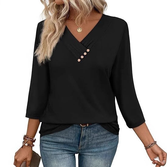 European And American New Autumn Women's Clothing Button V-neck Fashion Casual Sleeve T-shirt