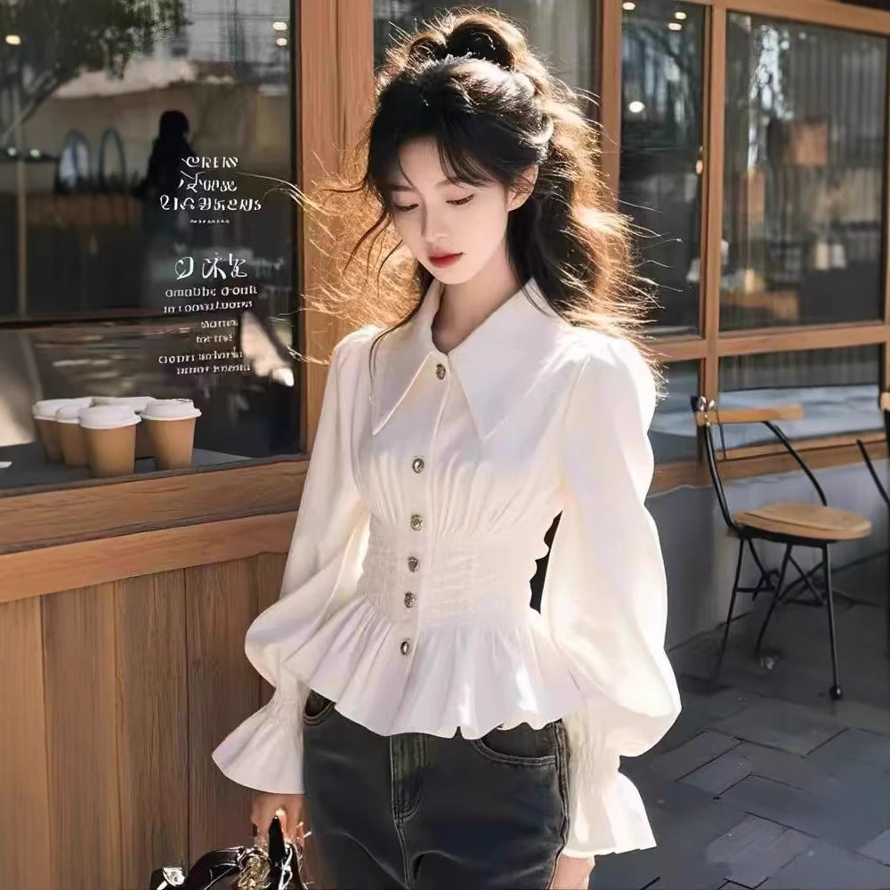 Doll Collar Long Sleeve White Shirt Women's Slim Waist
