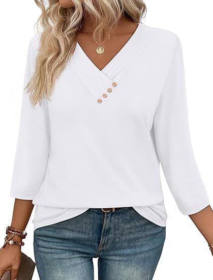 European And American New Autumn Women's Clothing Button V-neck Fashion Casual Sleeve T-shirt