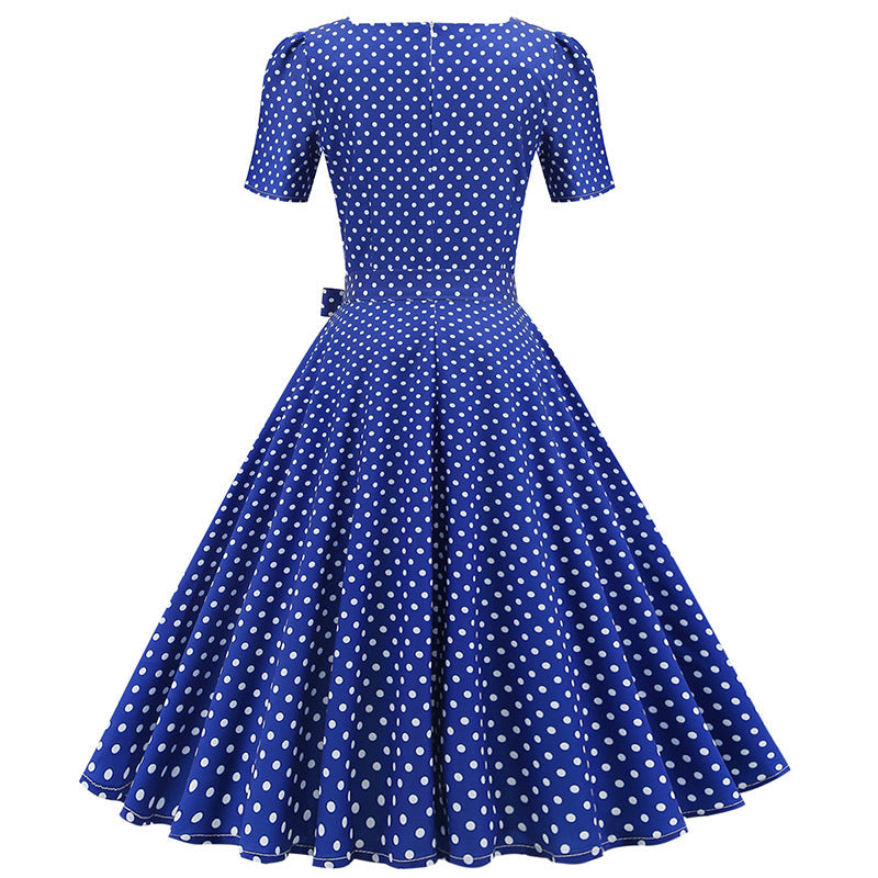 Square Collar Polka-dot Slim-fit Large Swing Dress
