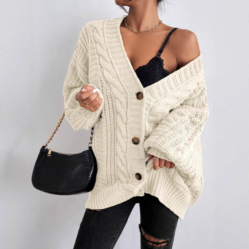 Loose Twist Lantern Sleeve Cardigan Knitted Coat