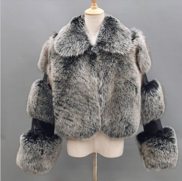 Women's Fur Stitching Lapel Artificial Fur Coat