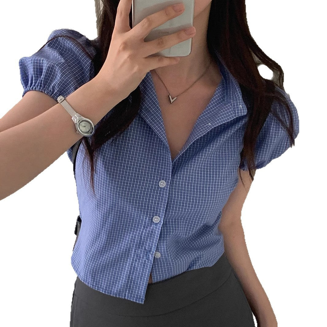 BM Style Plaid Shirt American College Style Small Simple Casual Lapel Short Sleeve