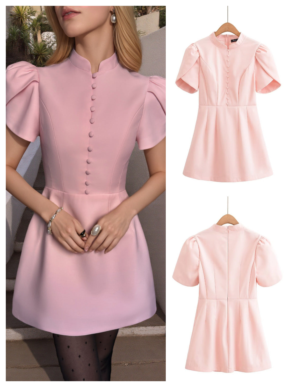 Stand Collar Puff Sleeve High Waist Dress Design Sense Graceful And Fashionable