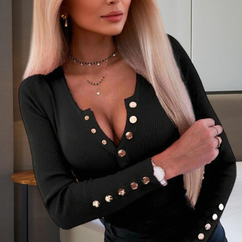 Plus Size Women's Sexy V-Neck Long Sleeve T-Shirt - Button Front & Cuff Detail Fitted Blouse Spring & Autumn Fashion Outfits