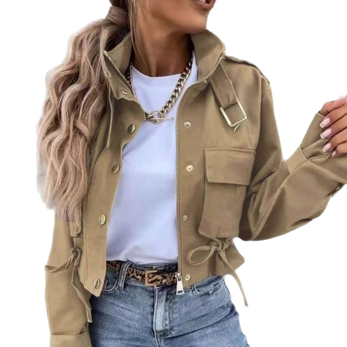 Single-breasted Zipper Short Casual Long Sleeve Coat