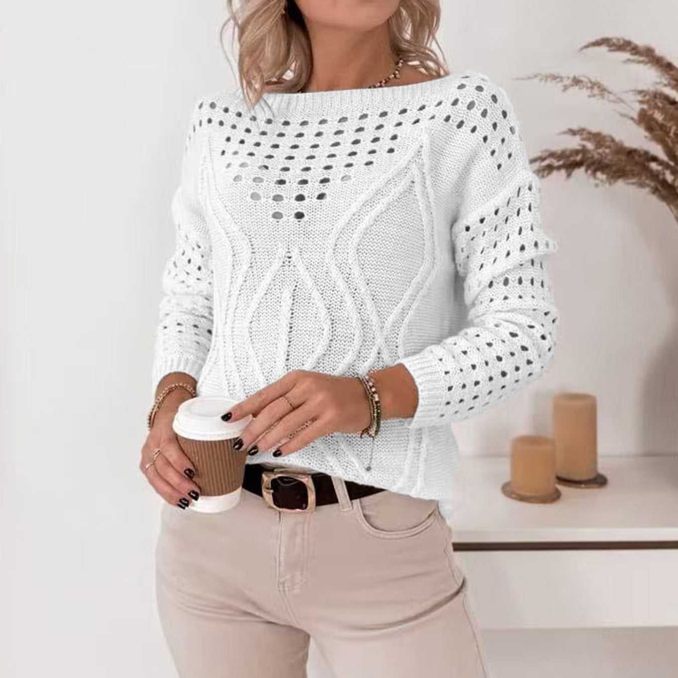 Off-neck Pullover Long Sleeve Hollow Out Sweater Women