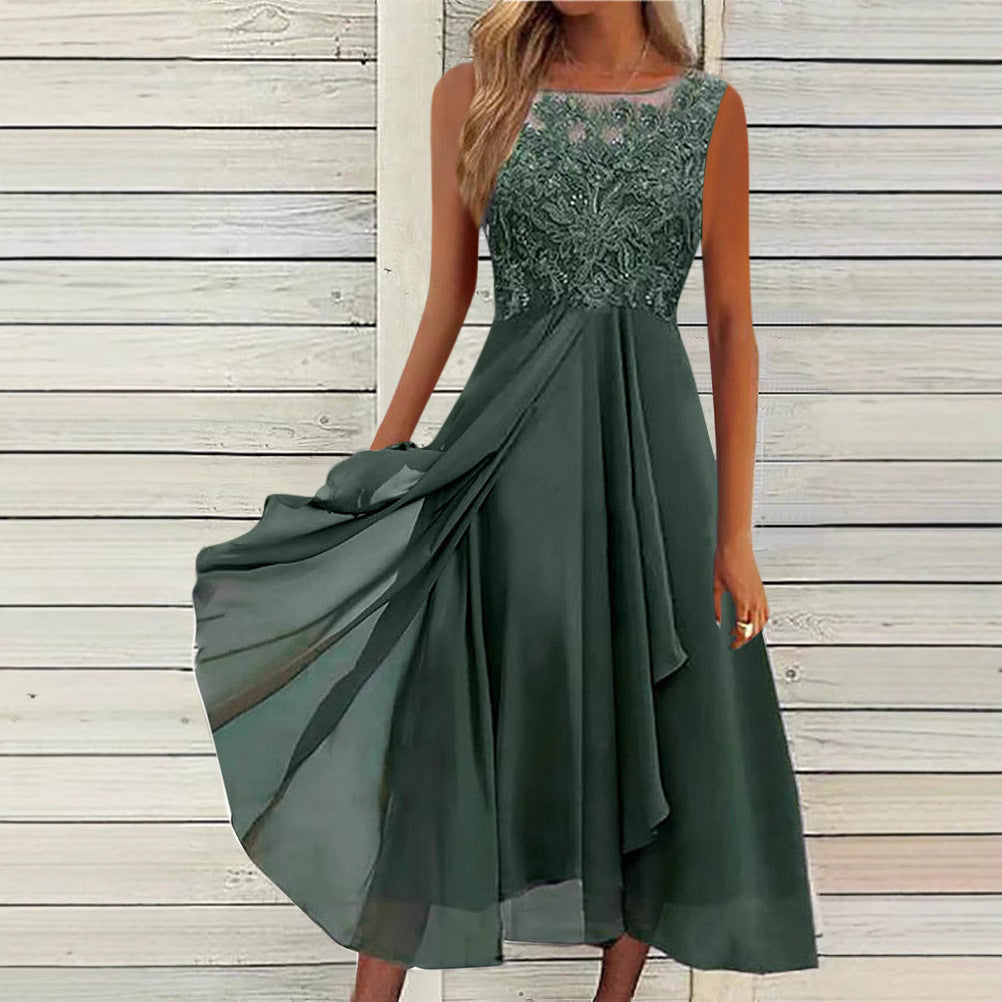 Women's Sleeveless Stitching Lace Hollow-out Chiffon Dress